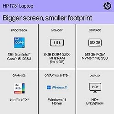 HP 17 Inch Laptop, HD+ Display, 12th Gen Intel Core I5, 8 GB RAM, 512 Gb SSD, Intel Iris Xe Graphics, Windows 11 Home, 17-cn2099nr (2023) - Image 2