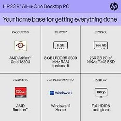 HP 23.8 Inch All-in-One Desktop PC, FHD Display, AMD Athlon Gold 7220U, 8 GB RAM, 256 GB SSD, AMD Radeon Graphics, Windows 11 Home, 24-cr0020 (2023) - Image 2