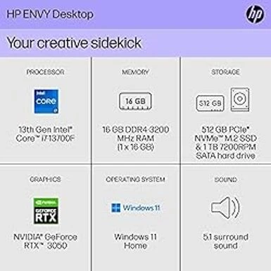 HP Envy Desktop PC, 13th Generation Intel Core I7-13700F, 16 GB RAM, 512 GB SSD, 1 TB HD, NVIDIA GeForce RTX 3050, Windows 11 Home, TE01-4050 (2023) - Image 2