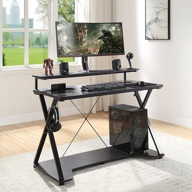 OSP Home Furnishings - Checkpoint Ghost Battlestation Gaming Desk With RGB LED Lights - Black / Carbon - Image 8