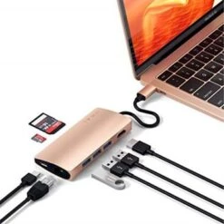 Satechi Aluminum Multi-Port Adapter V2-4K HDMI (30Hz), Gigabit Ethernet, USB-C Pass-Through, SD/Micro Card Readers, USB 3.0 - Compatible With 2018 MacBook Air, 2019/2018 MacBook Pro (Gold)