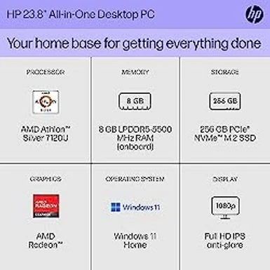HP 23.8 Inch All-in-One Desktop PC, FHD Display, AMD Athlon Silver 7120U, 8 GB RAM, 256 GB SSD, AMD Radeon Graphics, Windows 11 Home, 24-cr0010 (2023) - Image 2